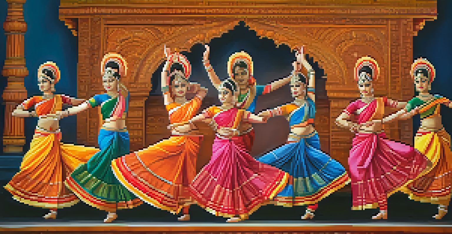A group of Bharatanatyam dancers performing in colorful costumes on a decorated stage.