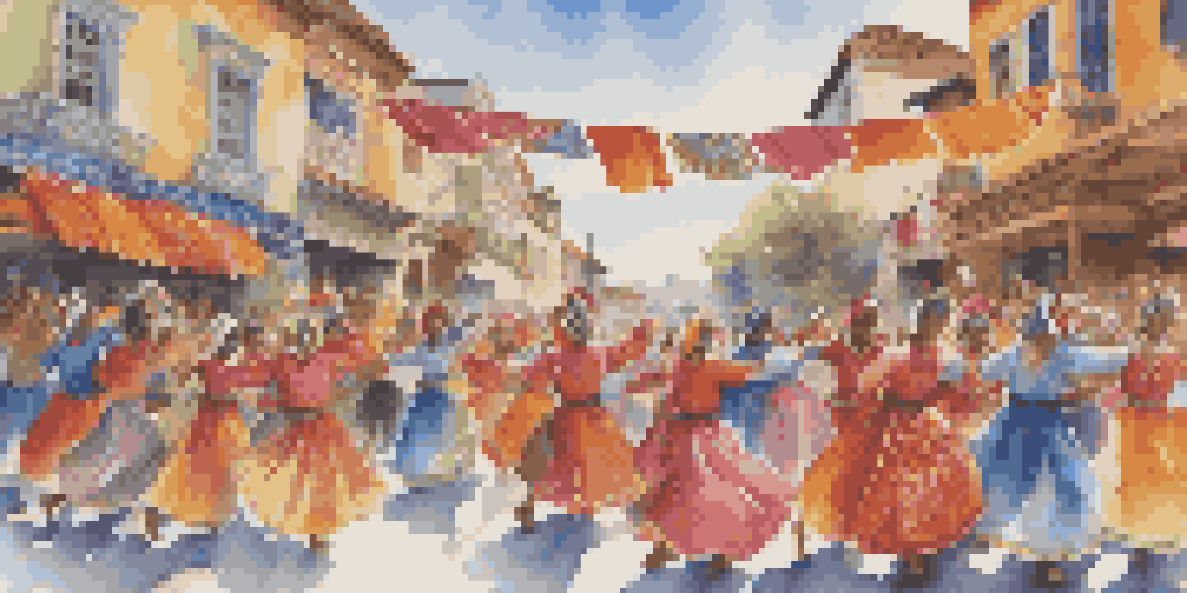 A lively street performance of traditional folk dancers in colorful costumes, with an enthusiastic audience clapping.