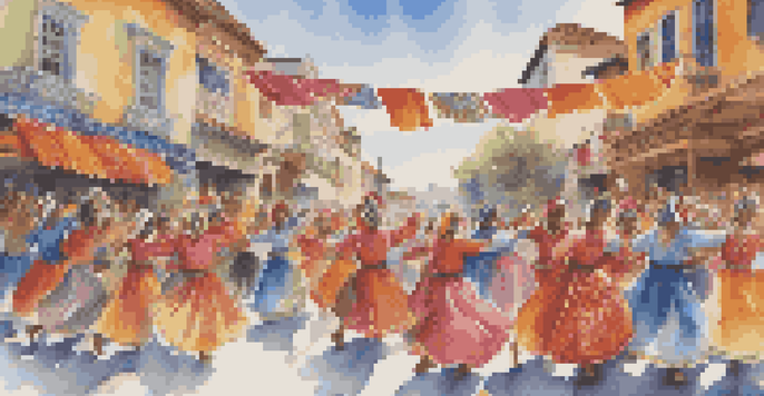 A lively street performance of traditional folk dancers in colorful costumes, with an enthusiastic audience clapping.