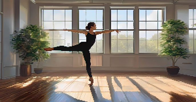 A dancer practicing mindfulness in a sunlit dance studio, surrounded by plants and a mirror.