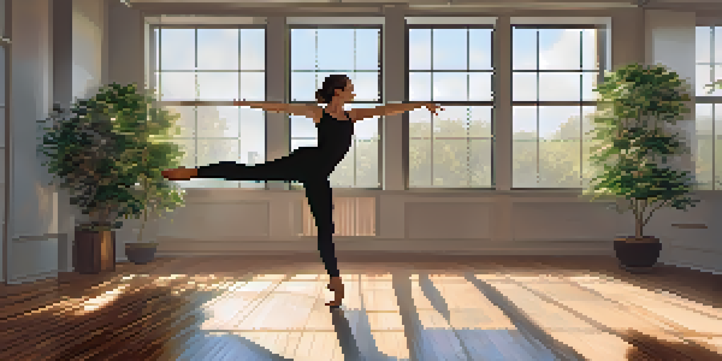 A dancer practicing mindfulness in a sunlit dance studio, surrounded by plants and a mirror.
