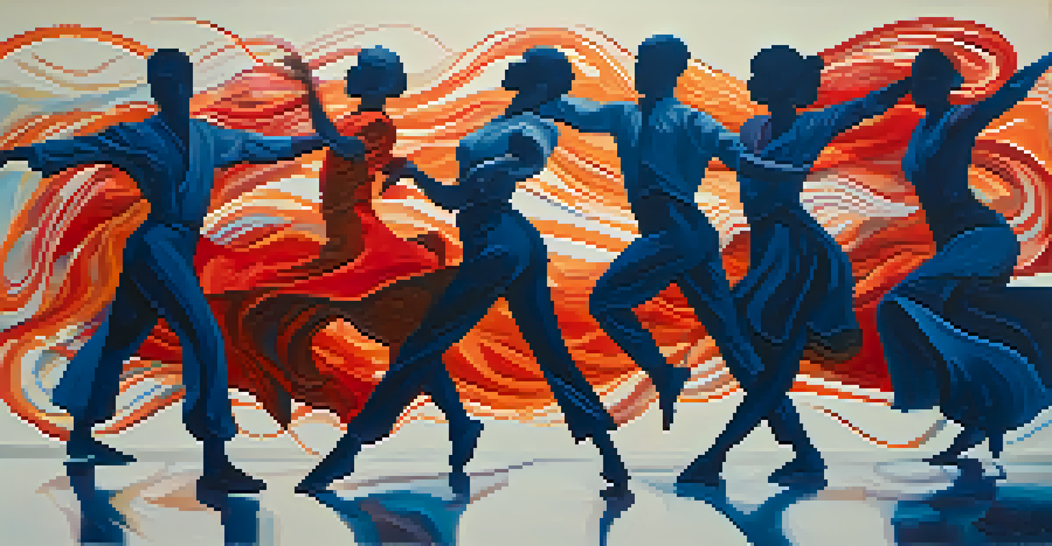 An abstract image depicting the emotional expression in dance, with swirling colors and dancer silhouettes conveying movement and fluidity.