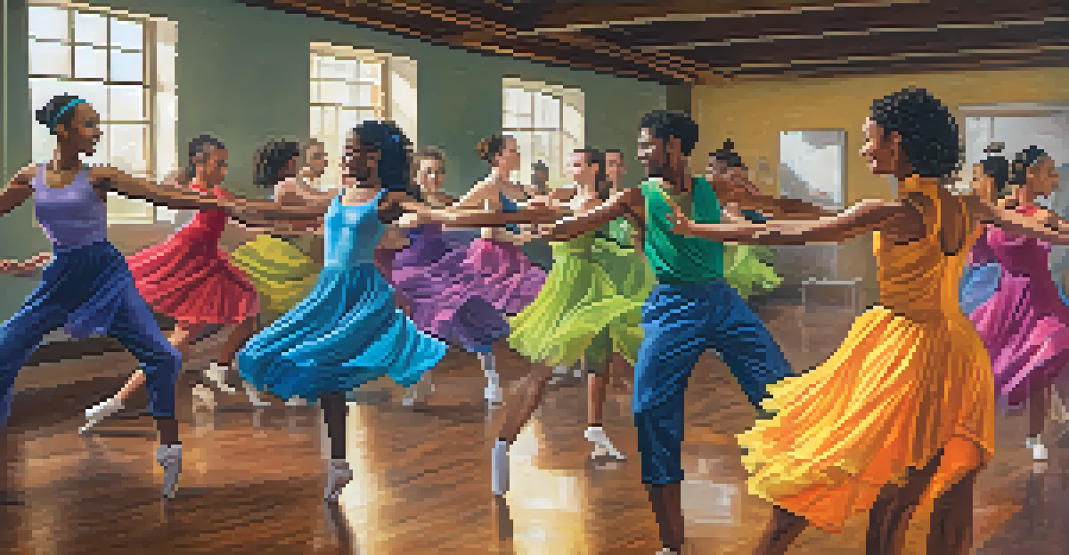 A diverse group of dancers in a dynamic dance class, showcasing various styles and expressions.