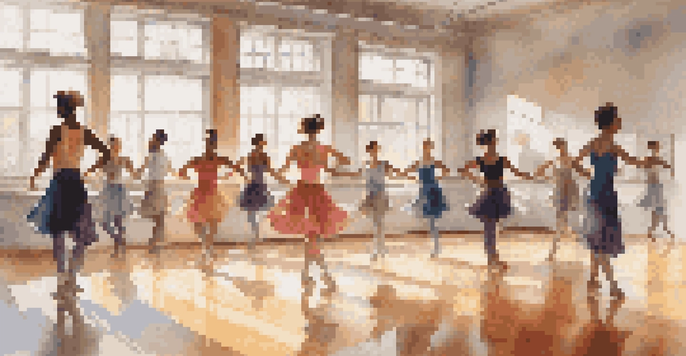A choreographer demonstrating a dance movement to a group of diverse dancers in a bright dance studio with mirrors and sunlight.