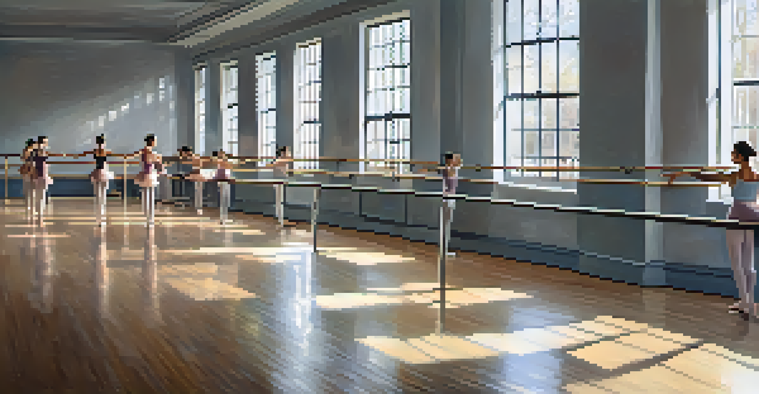 A ballet class with dancers practicing stretches at the barre in a bright studio, reflecting dedication and focus.