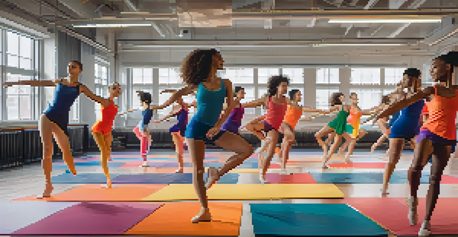 A group of dancers in colorful activewear engaged in a contemporary dance class, moving in sync in a vibrant studio.