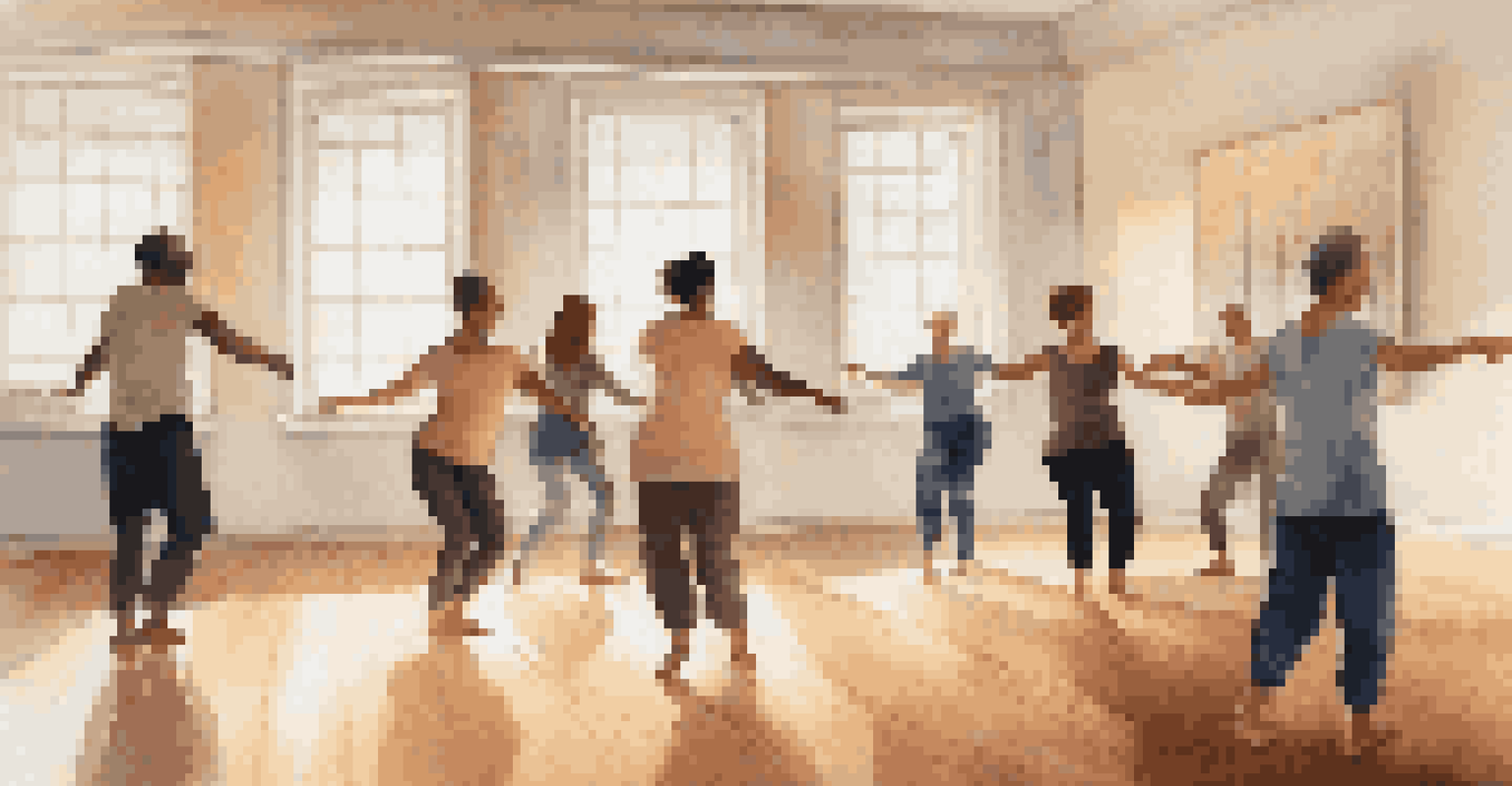 A serene indoor dance therapy session with participants moving expressively in a softly lit room, creating a calming atmosphere.