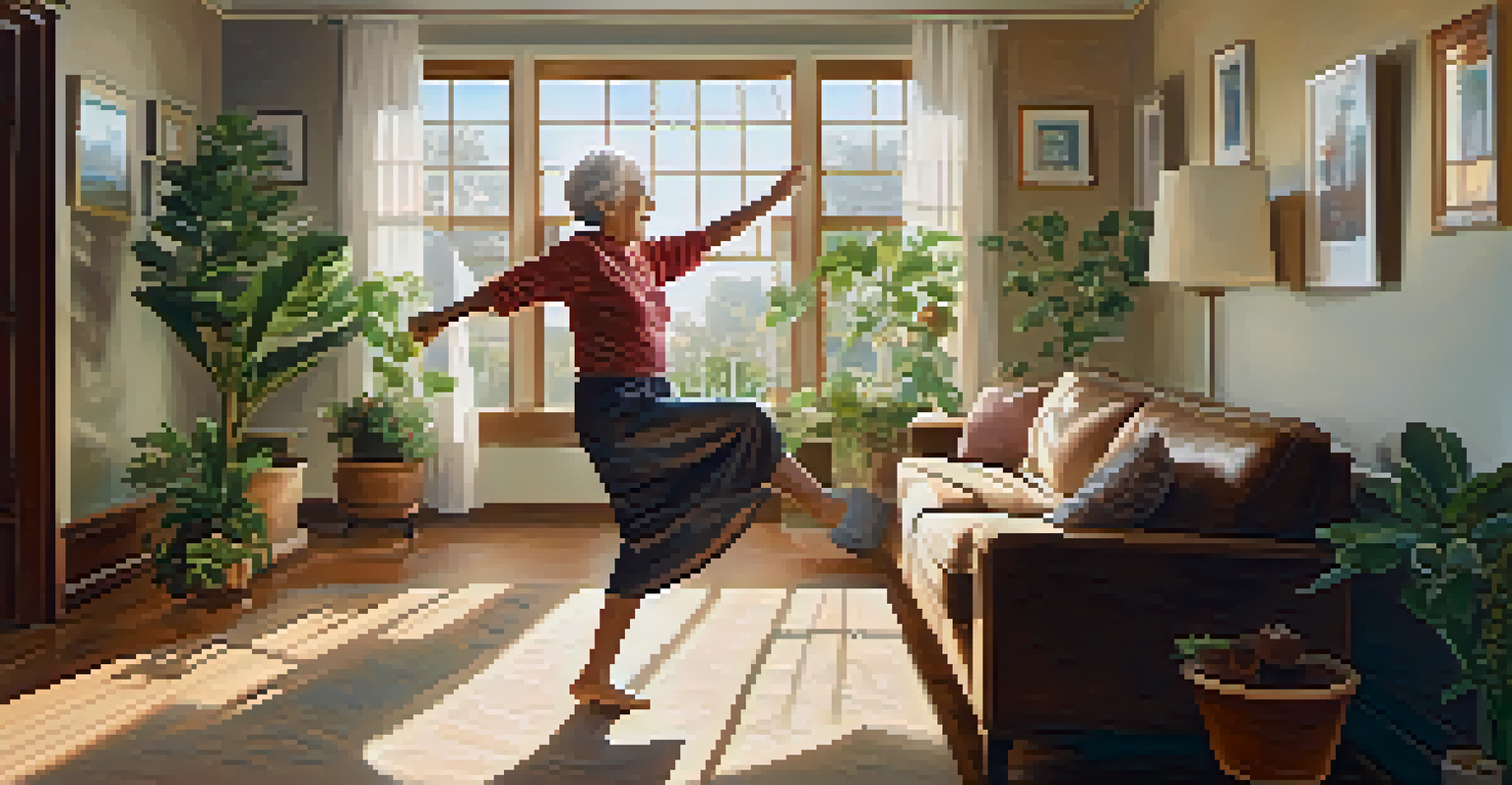 An elderly woman dancing joyfully in her living room, filled with sunlight and personal touches.