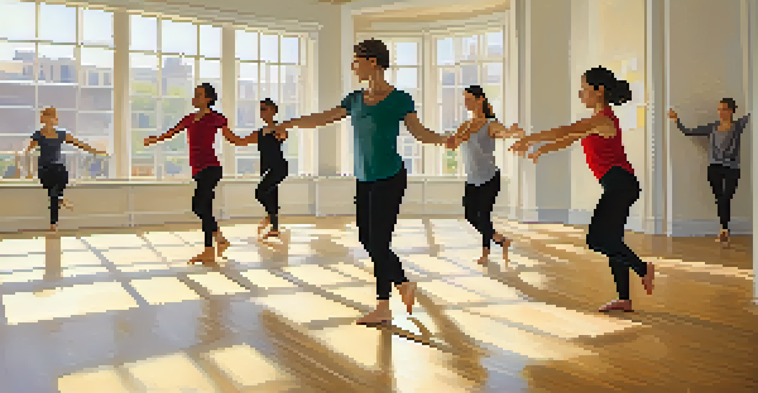 A group of individuals participating in a dance therapy session in a bright studio, expressing emotions through movement.