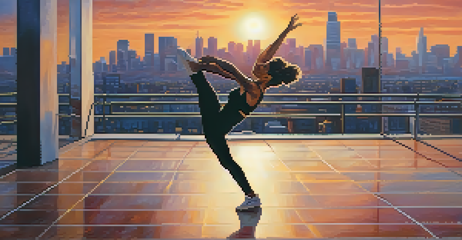 A solo dancer performing at sunset with a city skyline backdrop.