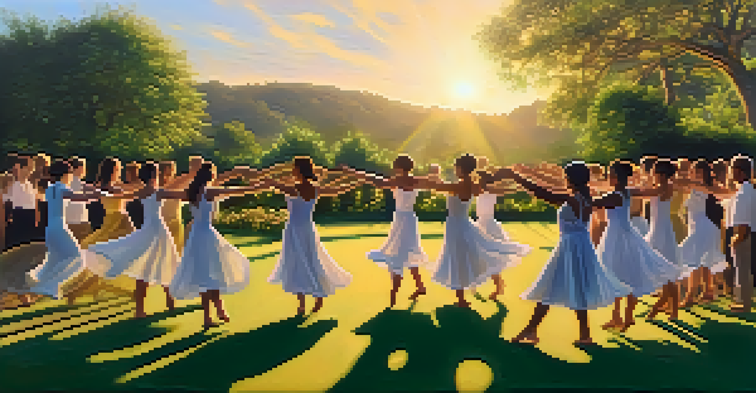 A serene outdoor dance circle at sunset, featuring diverse dancers moving gracefully amidst lush greenery and golden light, highlighting their connection to music and nature.
