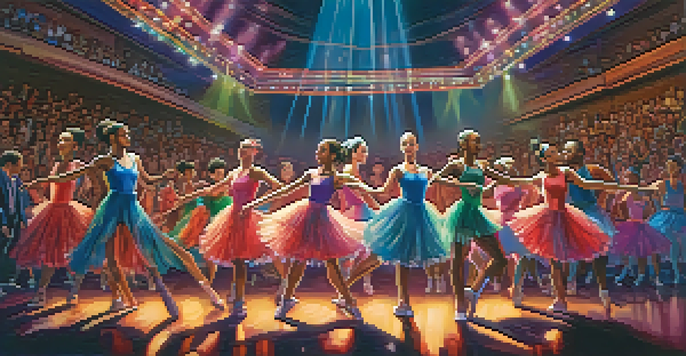 A lively dance competition with young dancers in colorful costumes performing on stage, with an enthusiastic audience in the foreground.