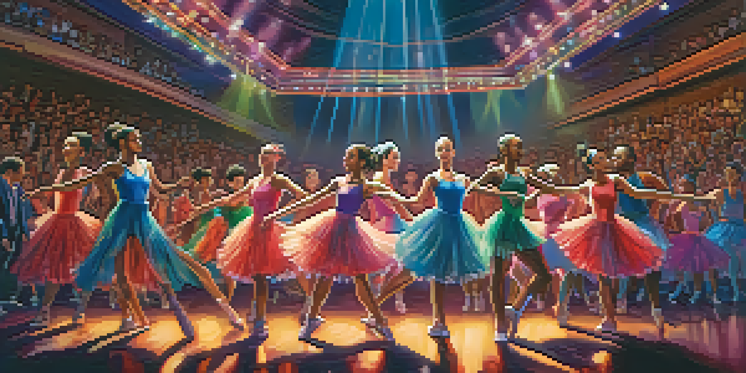 A lively dance competition with young dancers in colorful costumes performing on stage, with an enthusiastic audience in the foreground.