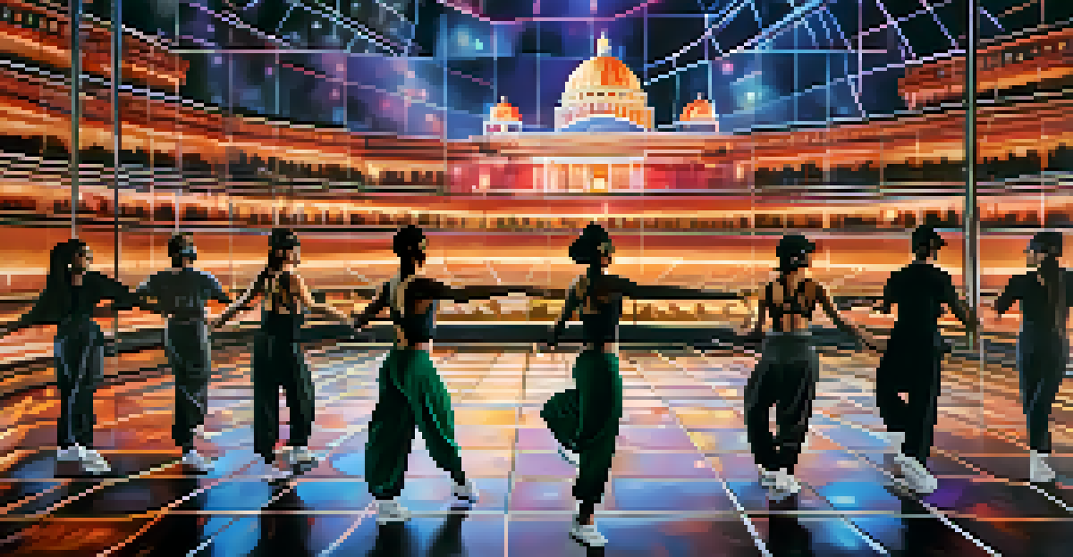 A visual representation of a global virtual dance collaboration, featuring dancers from different cultures on screens in a grid layout.
