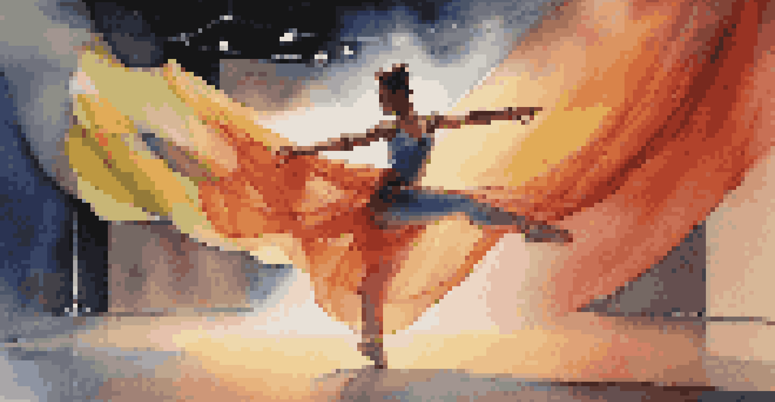 A dancer performing in mid-air, wearing a flowing modern costume with vibrant stage lighting.