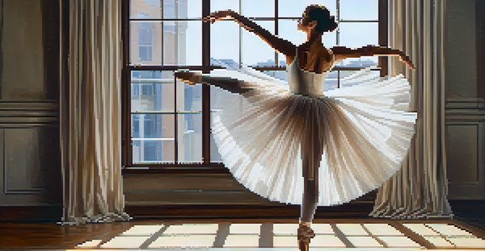 A ballet dancer in a graceful pose in a bright studio, with sunlight streaming through large windows.