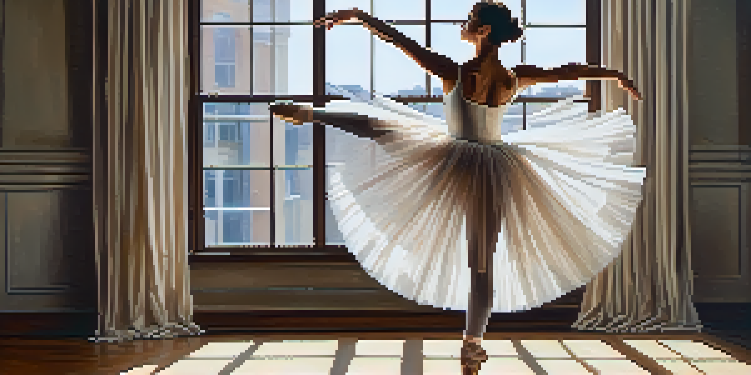 A ballet dancer in a graceful pose in a bright studio, with sunlight streaming through large windows.