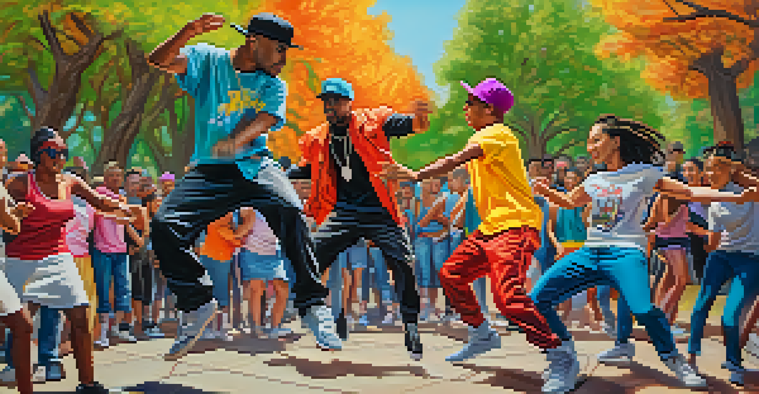 Two hip-hop dancers engaged in a battle in a park, surrounded by an excited crowd, capturing the vibrant energy of the event.