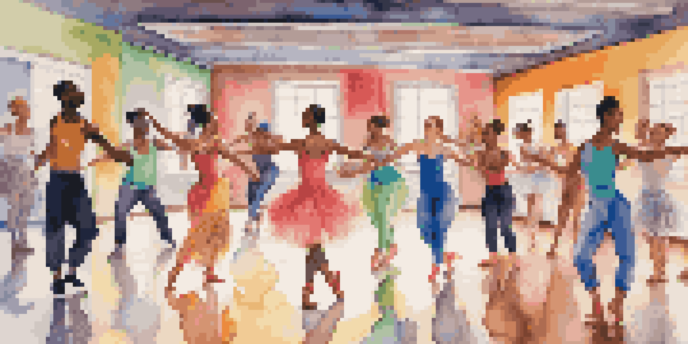 A diverse group of dancers performing various dance styles in a colorful studio, reflecting joy and connection.
