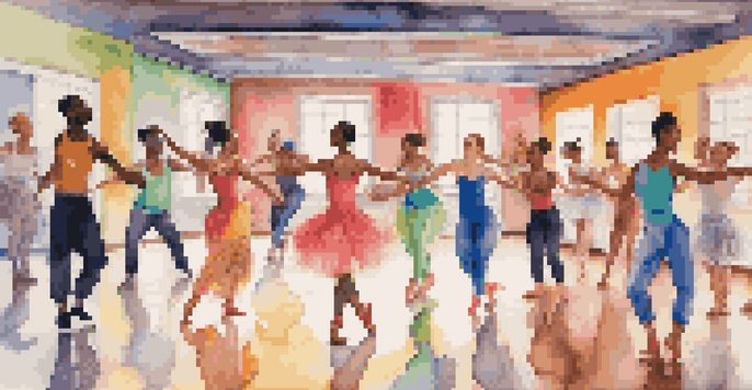 A diverse group of dancers performing various dance styles in a colorful studio, reflecting joy and connection.