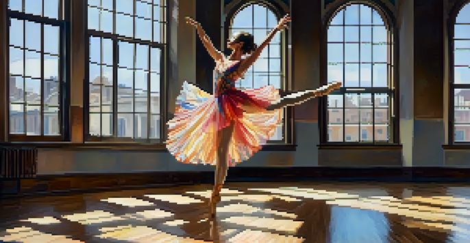 A dancer gracefully leaping in a sunlit studio with mirrors, wearing a colorful costume, surrounded by soft shadows on a wooden floor.