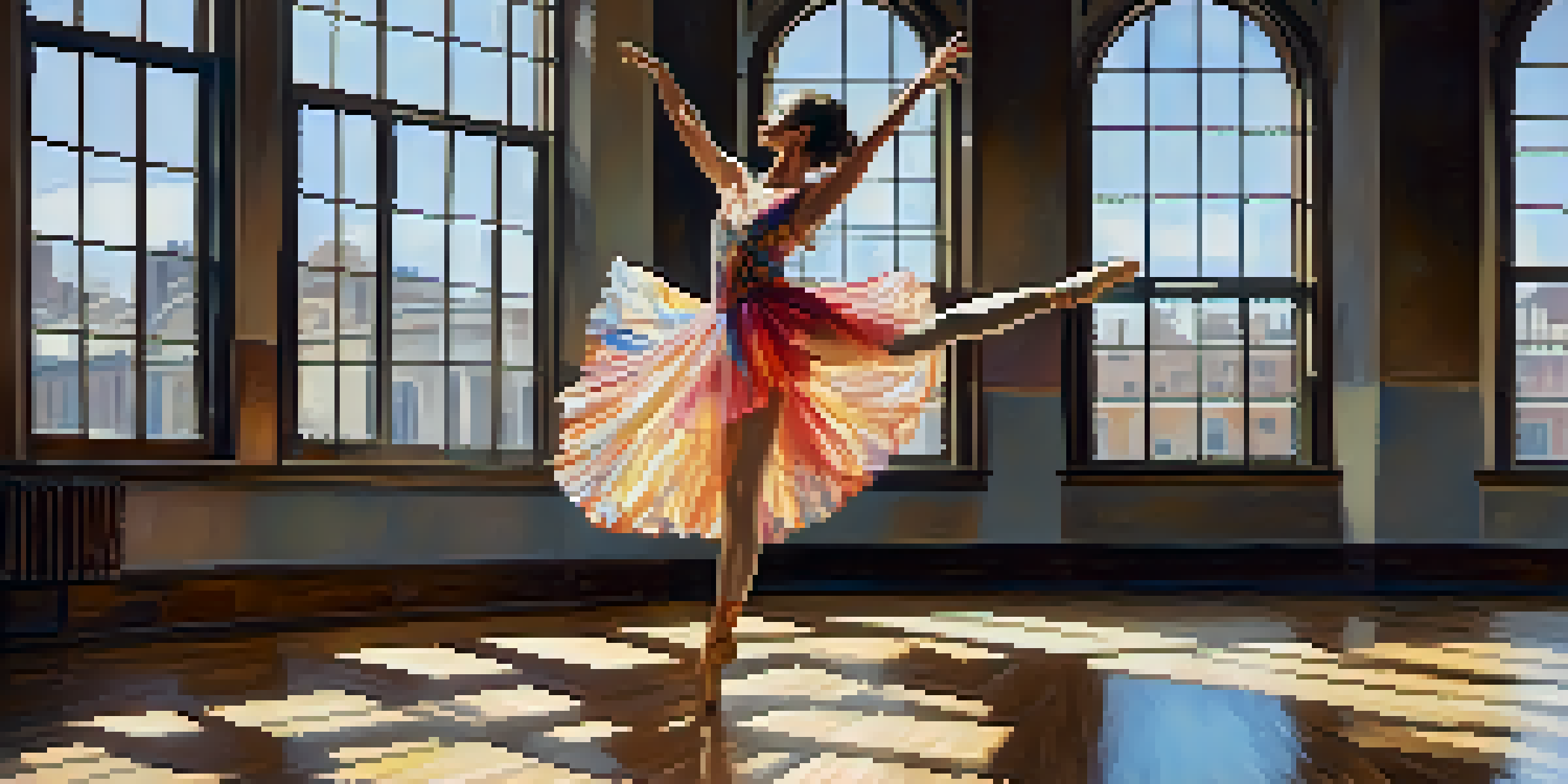 A dancer gracefully leaping in a sunlit studio with mirrors, wearing a colorful costume, surrounded by soft shadows on a wooden floor.