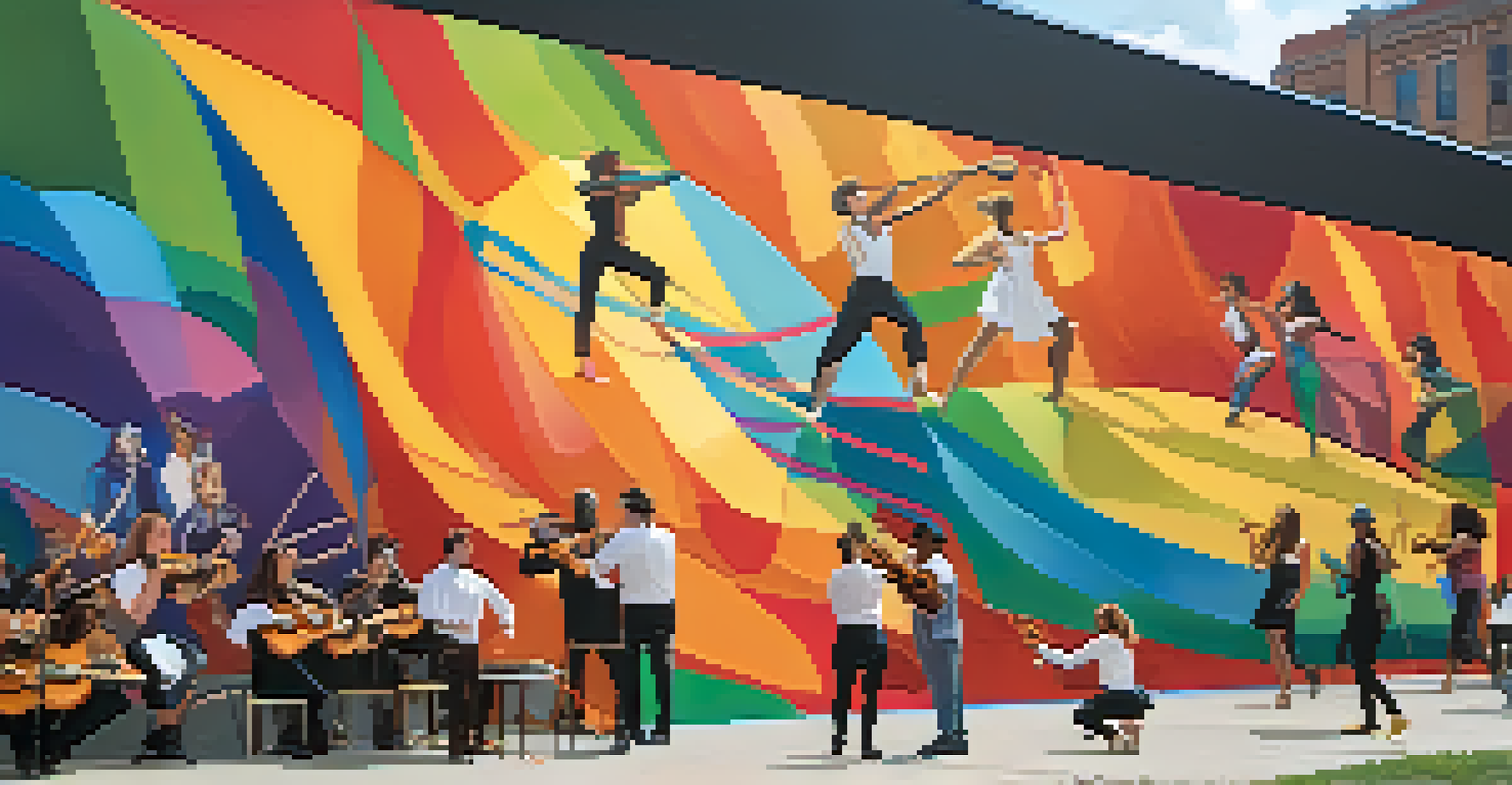 Dancers performing in front of a colorful mural about nature, accompanied by musicians, showcasing collaboration and creativity.