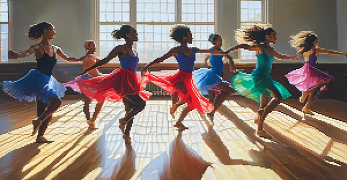 A diverse group of dancers joyfully improvising in a sunlit studio, showcasing dynamic movements and colorful attire.