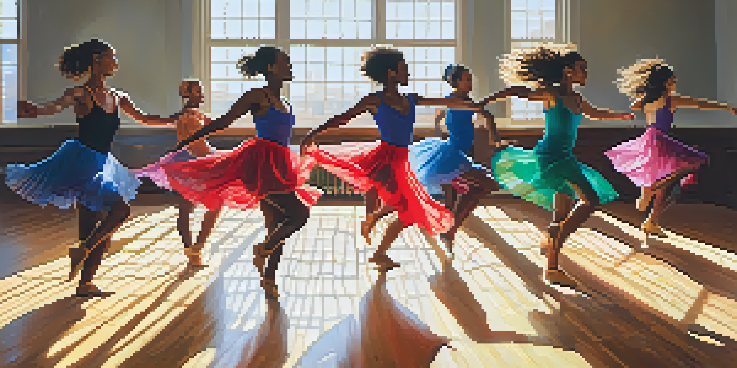 A diverse group of dancers joyfully improvising in a sunlit studio, showcasing dynamic movements and colorful attire.