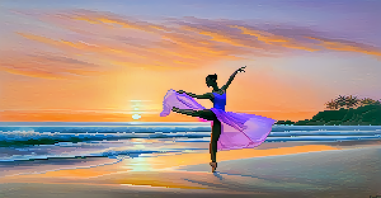 A dancer in a graceful pose on a beach at sunset, with a colorful sky and waves creating a serene atmosphere.