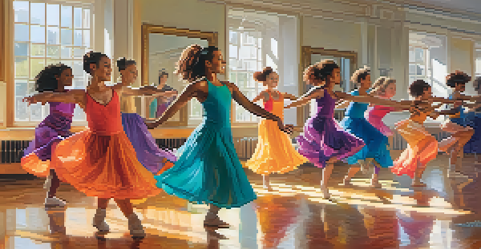 A diverse group of dancers in an adaptive dance class, engaged in movement in a bright studio filled with colorful decorations.