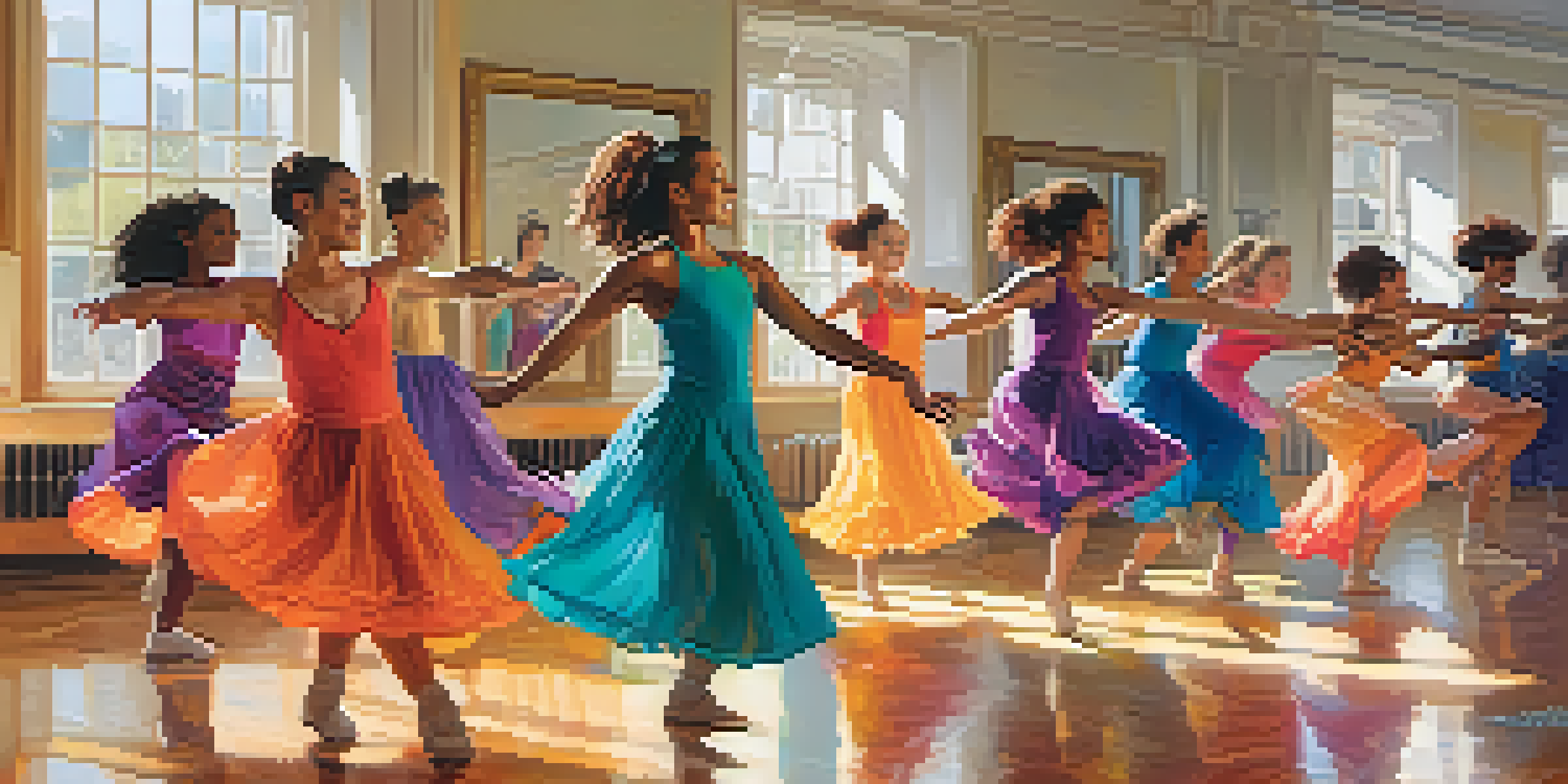 A diverse group of dancers in an adaptive dance class, engaged in movement in a bright studio filled with colorful decorations.