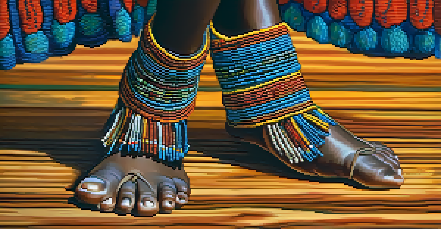 Close-up of a dancer's feet in traditional African dance attire on a textured wooden floor, showcasing colorful beadwork.