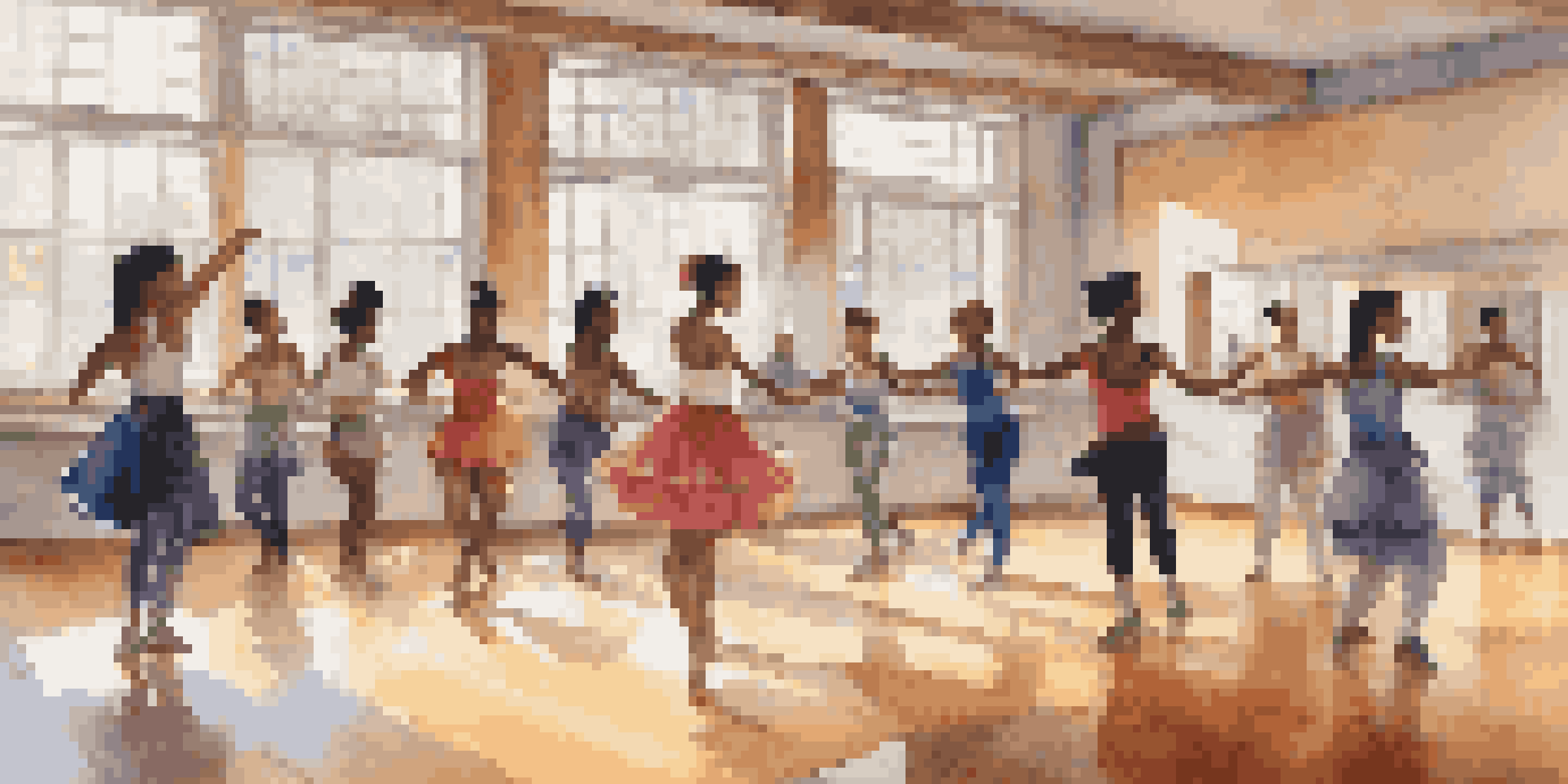 A dance classroom with diverse students collaborating on choreography, illuminated by natural light, showcasing a lively and supportive environment.