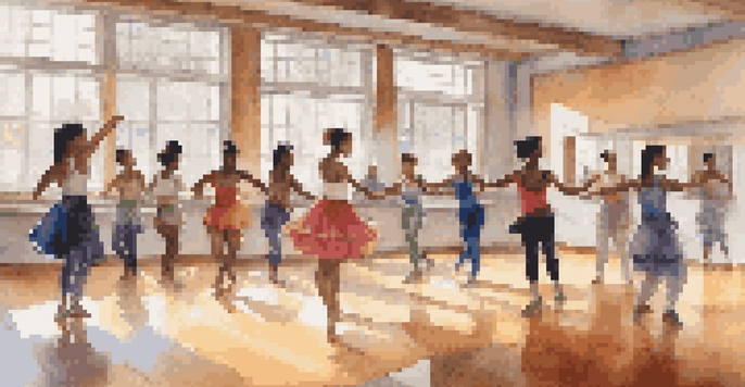 A dance classroom with diverse students collaborating on choreography, illuminated by natural light, showcasing a lively and supportive environment.