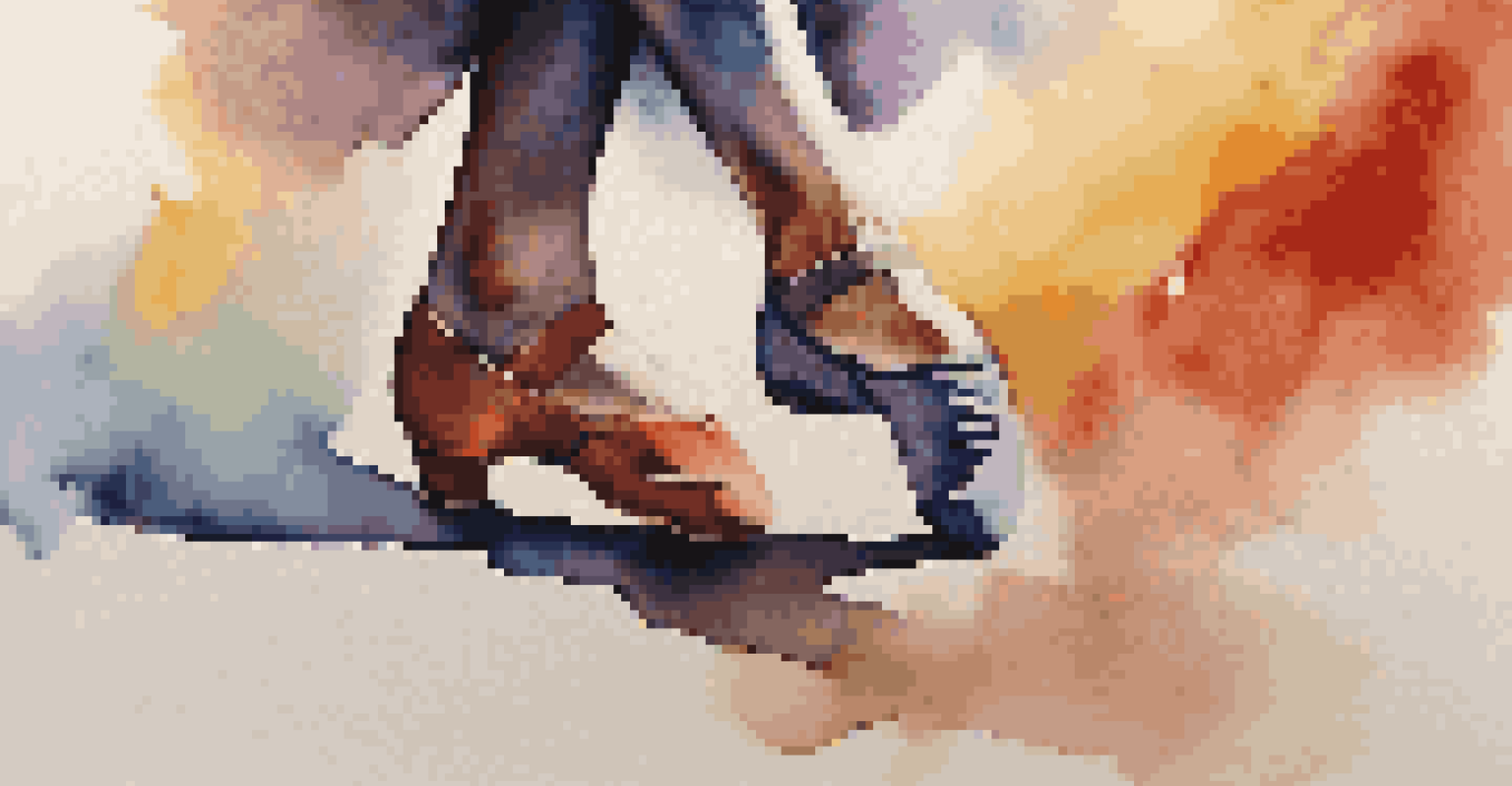 A close-up of a dancer's feet in colorful shoes moving gracefully on a textured dance floor.