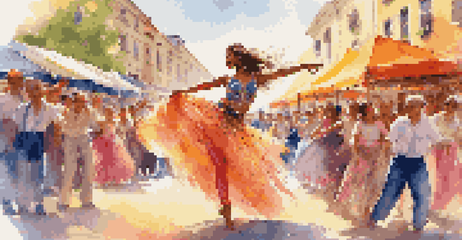 A dancer performing at a lively outdoor festival with a colorful audience in the background.