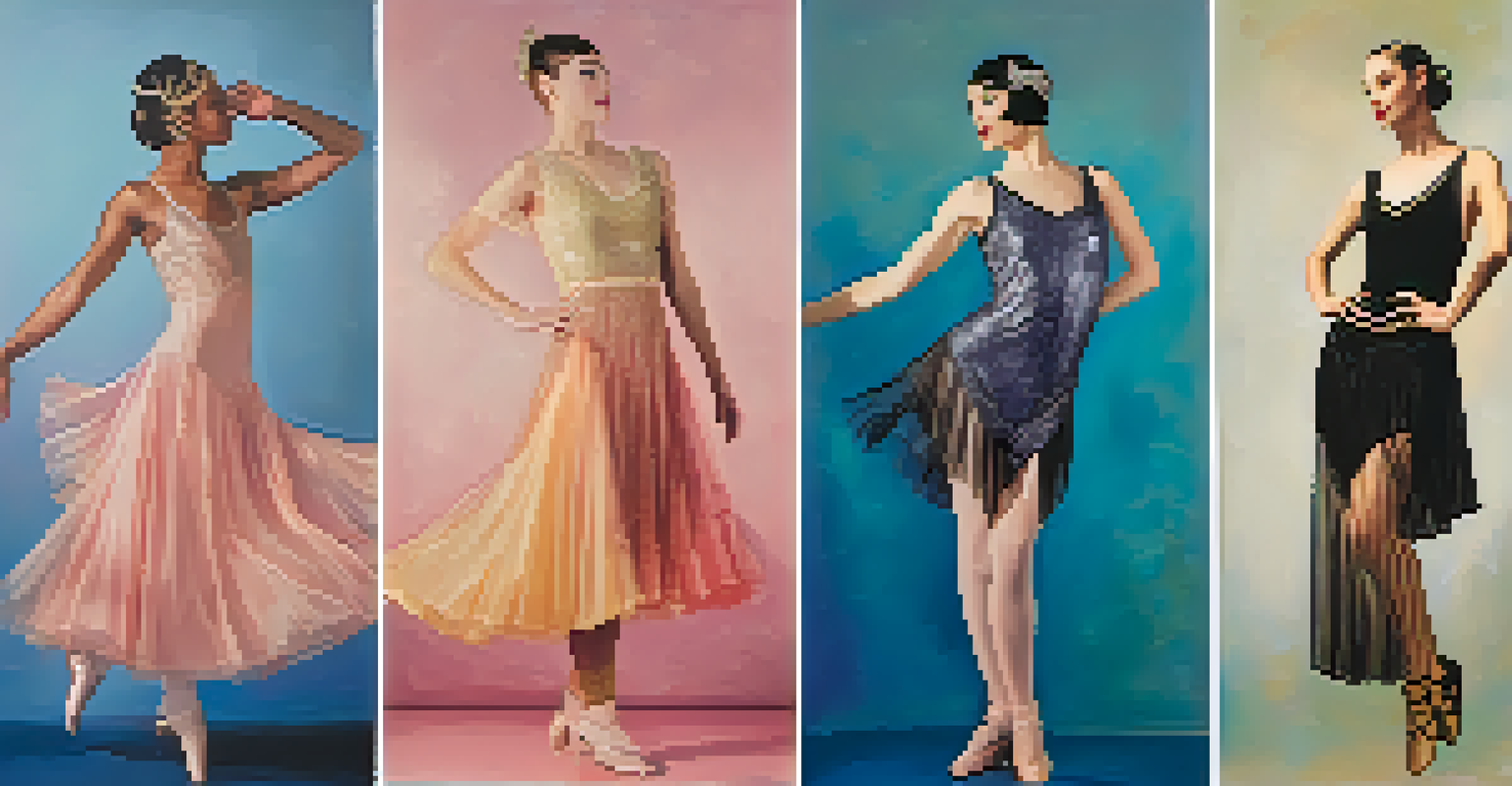 A collage of dance costumes from different eras, showcasing their evolution in style and design.