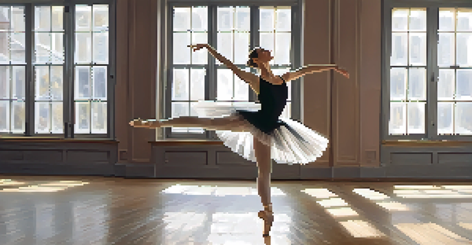A ballet dancer in a black leotard and white tutu executing a pirouette in a sunlit studio, demonstrating core strength and balance.