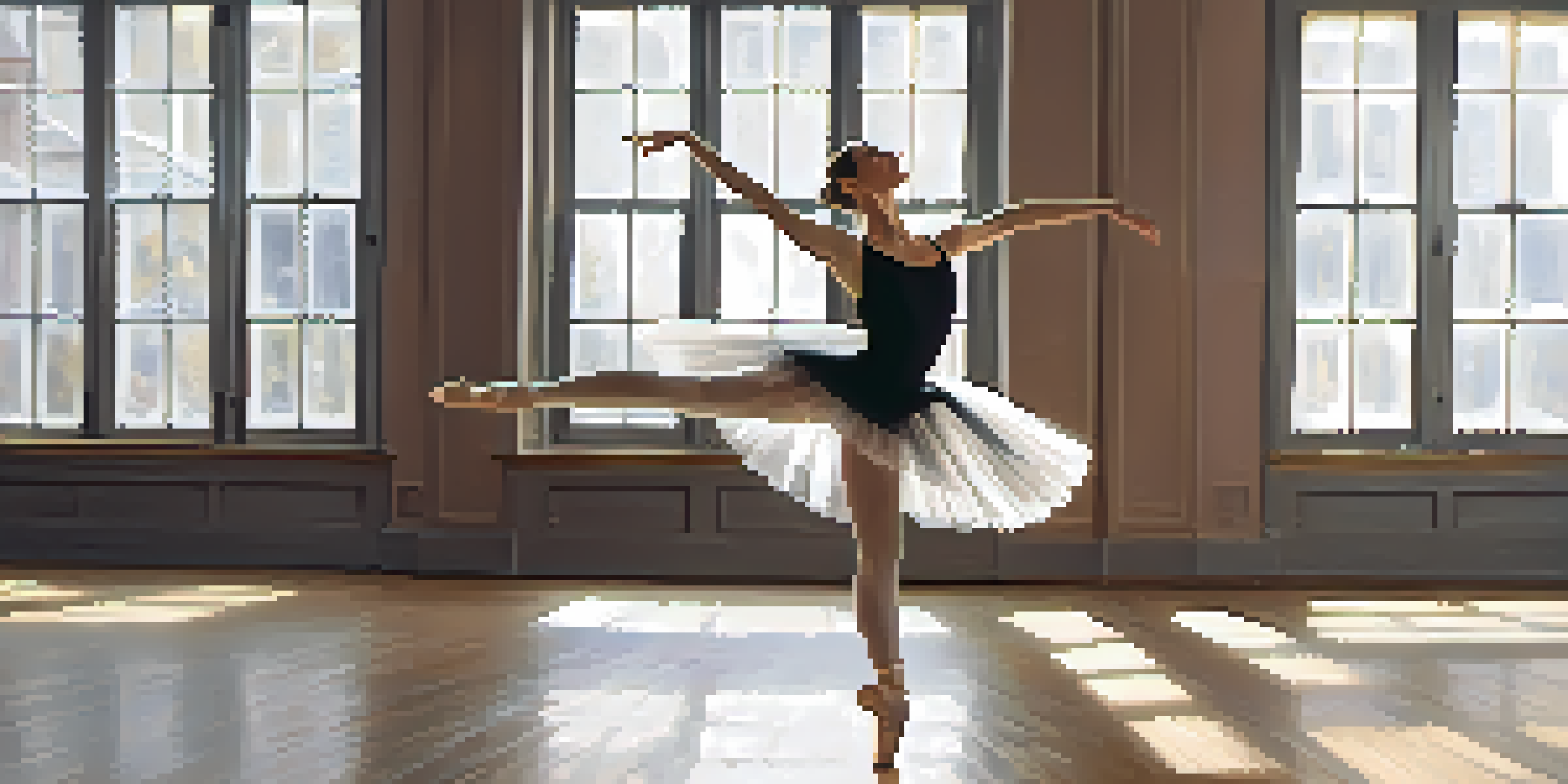 A ballet dancer in a black leotard and white tutu executing a pirouette in a sunlit studio, demonstrating core strength and balance.