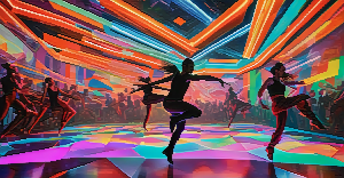 A lively dance performance in virtual reality, with dancers moving amidst colorful digital shapes and dynamic lighting.