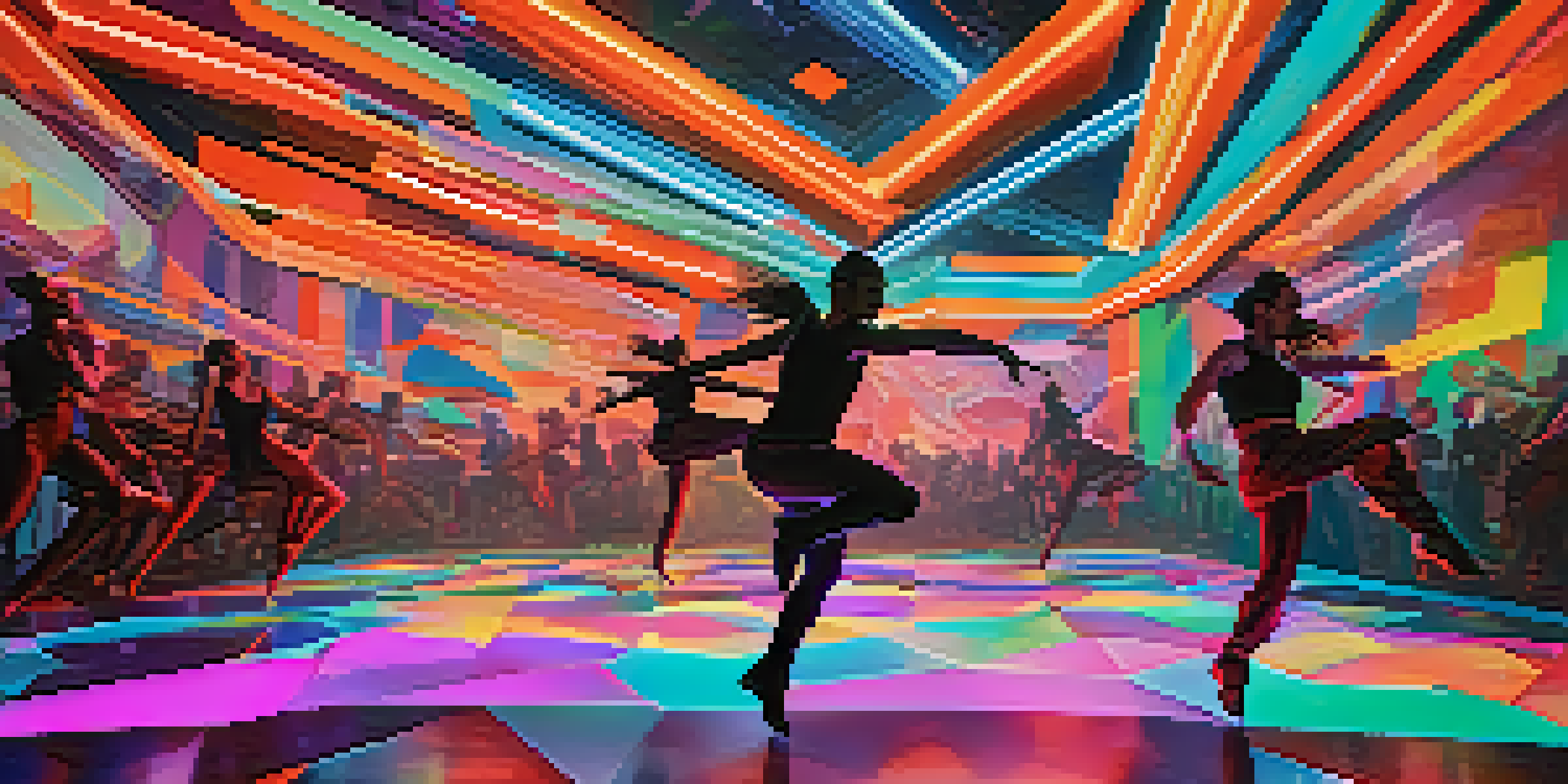 A lively dance performance in virtual reality, with dancers moving amidst colorful digital shapes and dynamic lighting.