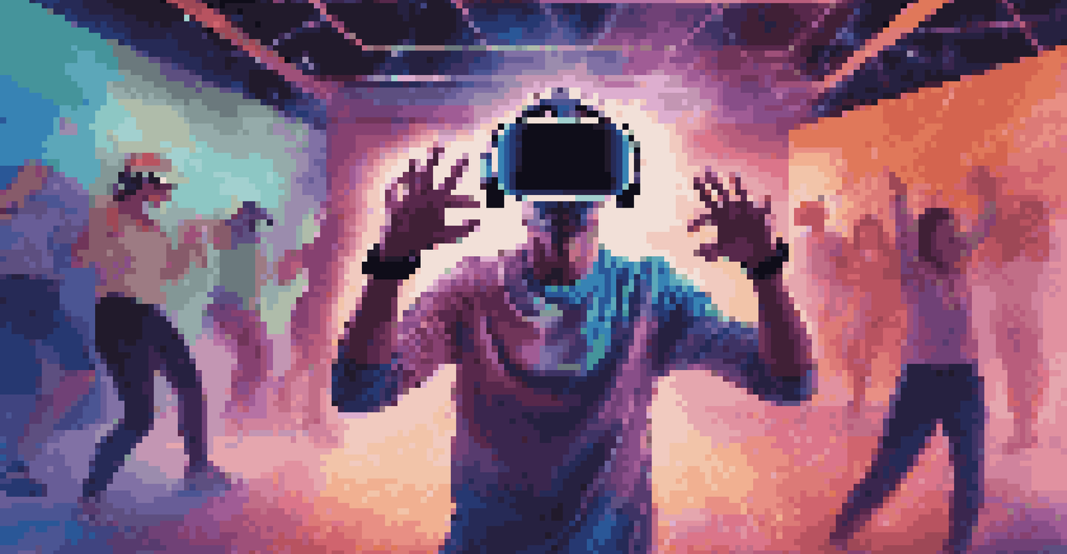 A player in a VR headset surrounded by dynamic dance visuals, with soft ambient lighting in the room.