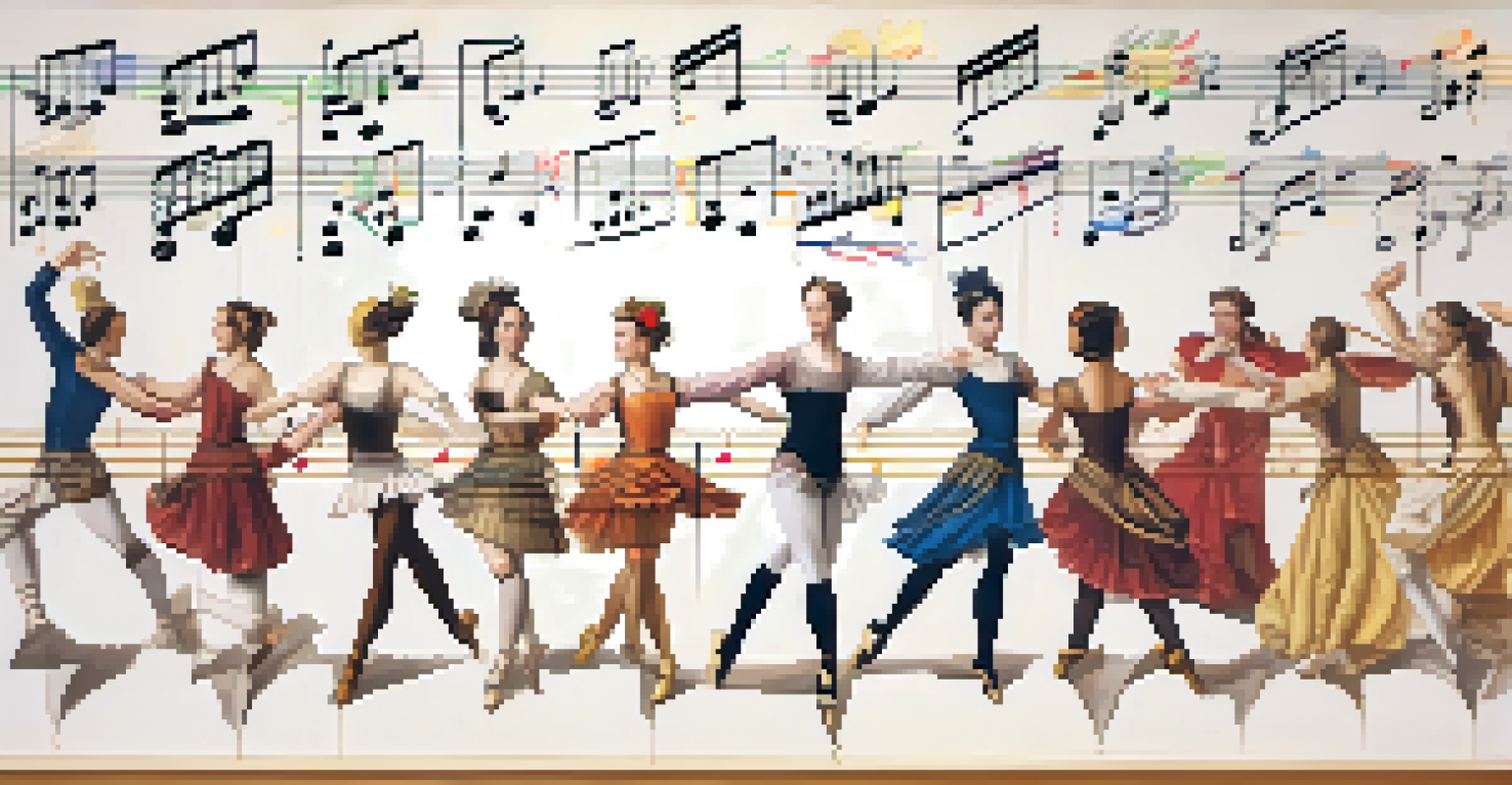 A colorful timeline showcasing the evolution of dance notation with historical illustrations and modern digital tools.