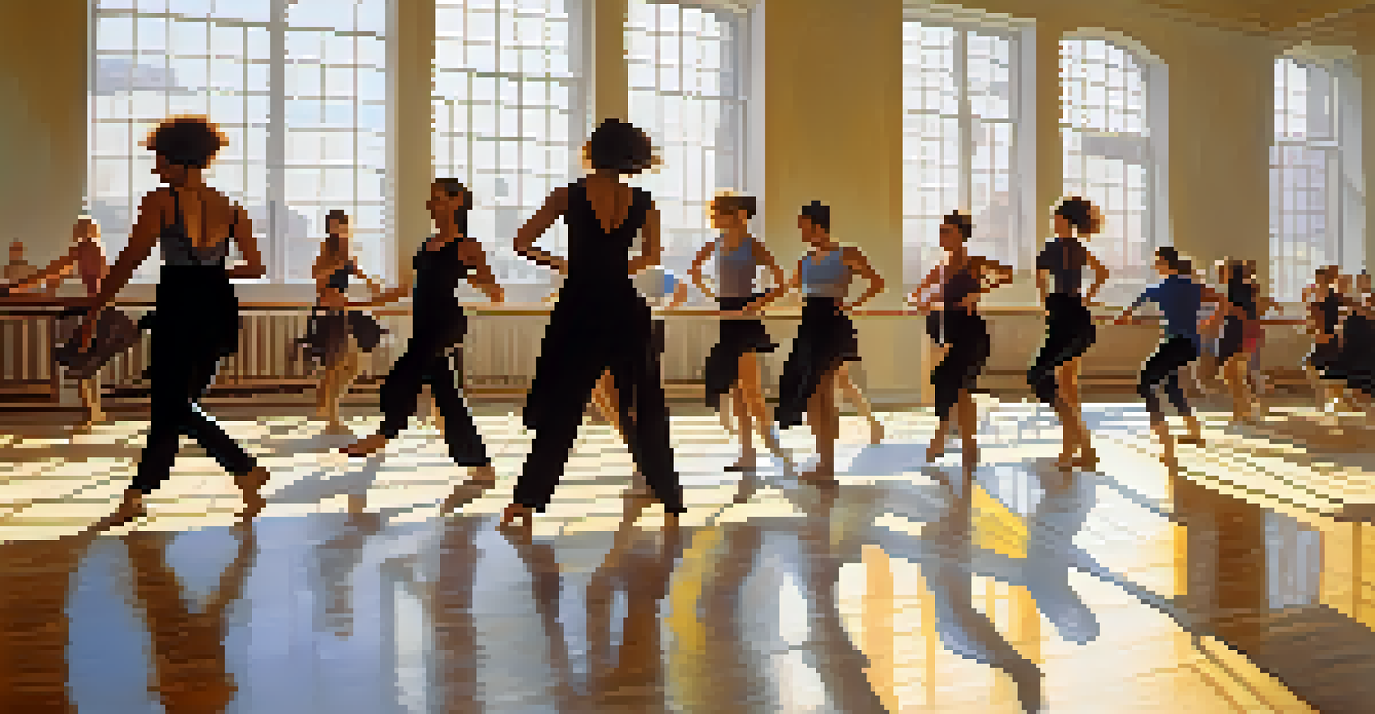 Dancers practicing in a bright studio with mirrors, showcasing their moves in a collaborative rehearsal, with sunlight creating interesting shadows on the floor.