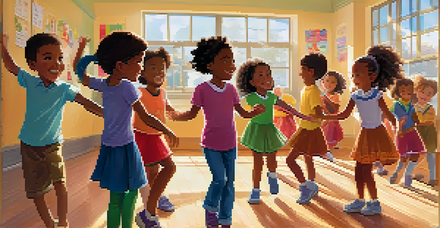 A classroom filled with children dancing together, showcasing teamwork and joy in a bright, sunny environment.