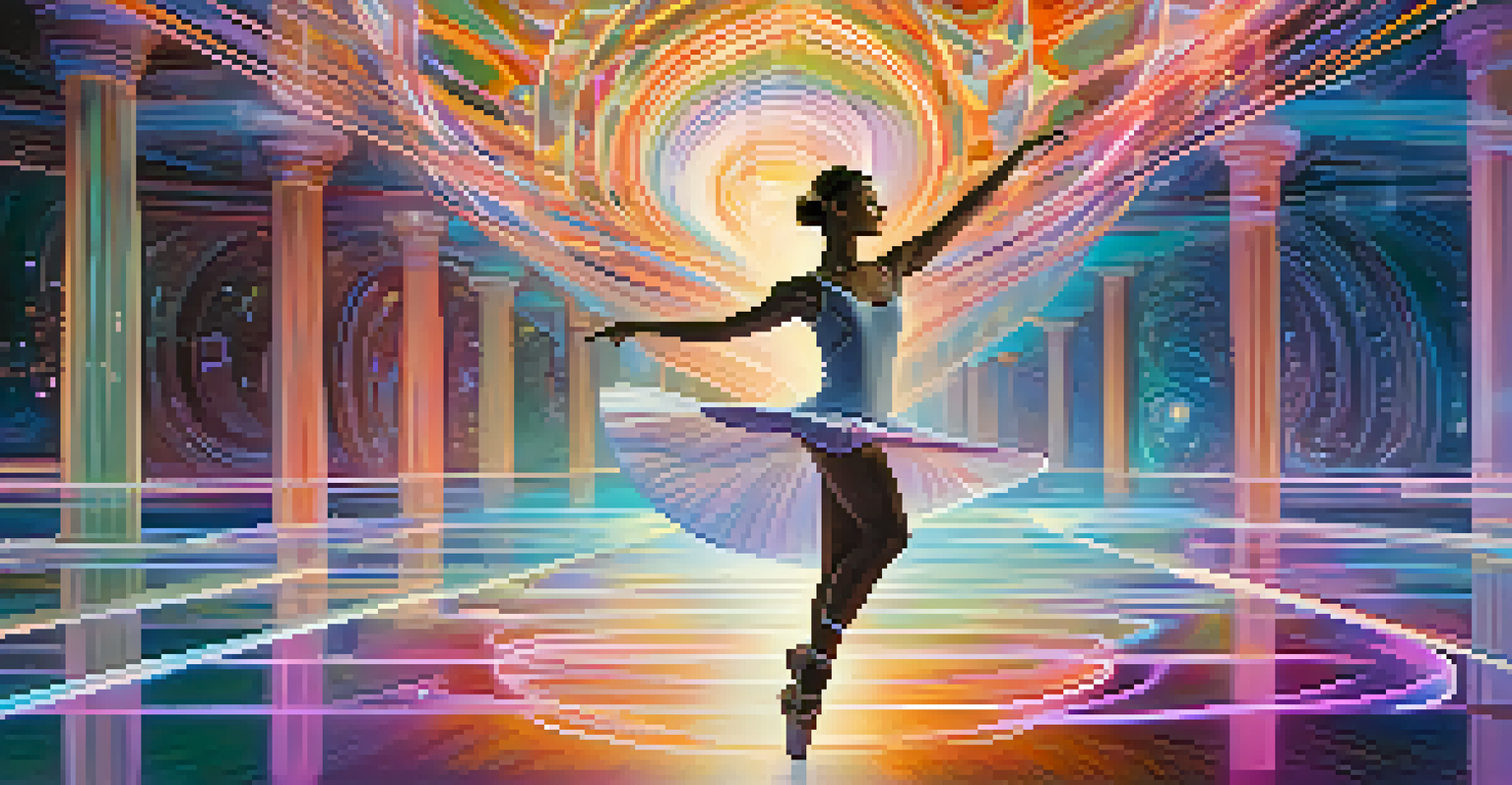 A digital artwork of a dancer in a futuristic environment, surrounded by swirling lights and abstract shapes, illustrating a blend of ballet and technology.
