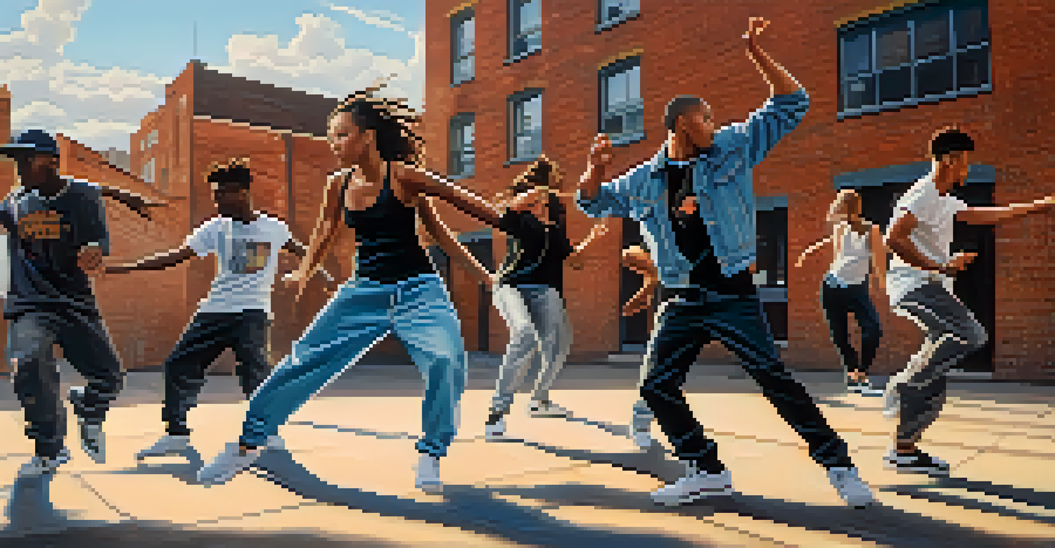 A group of hip-hop dancers performing in an urban setting with graffiti and sunlight.