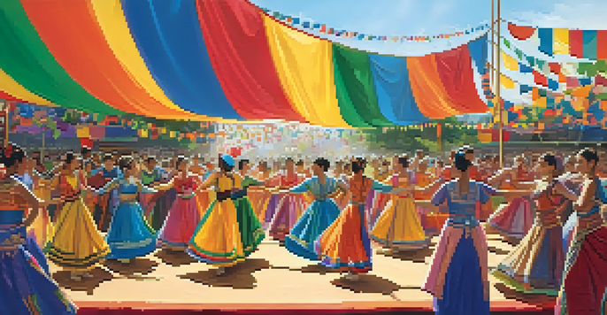 Dancers in traditional costumes performing on stage at a dance festival with a diverse audience and colorful decorations.