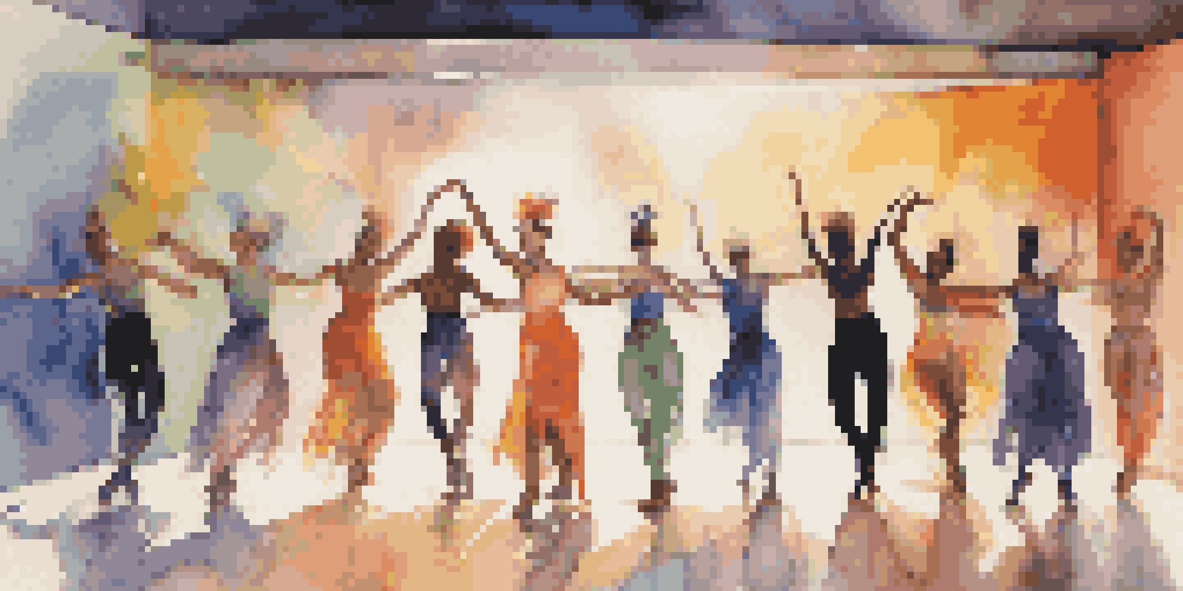 A contemporary dance performance showcasing dancers of various gender identities with colorful lighting and abstract shapes in the background.